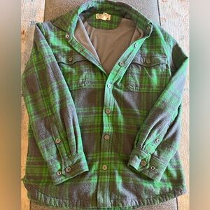 Duluth Trading Co Fleece Lined Jacket Green Navy Plaid Shirt L